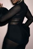 Black Patchwork Mesh See-Through O Neck Petal Sleeve Long Night Club Bodycon Maxi Dresses