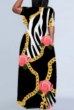 White Casual Flowers Splashed ink Chain Print O Neck Short Sleeves Loose Floor Length Straight Maxi Dresses