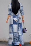 Blue Gray Faux Denim Print V Neck 3/4 Sleeve Lace Up Summer Outings Vacation Straight Loose Maxi Dress
