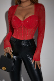 Royal Blue See-Through Hot Drill Square Neck Long Sleeve Glitter Skinny Bodysuits