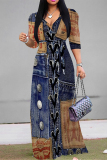 Blue Gray Faux Denim Print V Neck 3/4 Sleeve Lace Up Summer Outings Vacation Straight Loose Maxi Dress