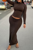 Dark Gray Casual O Neck Long Sleeve Crop Tops And Maxi Skirt Two Pieces Dress Sets