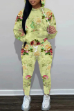 White Sportwear Casual Floral Print Hooded Long Sleeve Sweatshirt And Pants Two Pieces Jogger Sets
