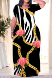 White Casual Flowers Splashed ink Chain Print O Neck Short Sleeves Loose Floor Length Straight Maxi Dresses