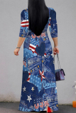 Blue Gray Faux Denim Print V Neck 3/4 Sleeve Lace Up Summer Outings Vacation Straight Loose Maxi Dress