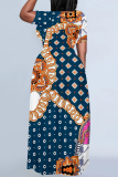 White Casual Flowers Splashed ink Chain Print O Neck Short Sleeves Loose Floor Length Straight Maxi Dresses