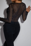 Royal Blue See-Through Hot Drill Square Neck Long Sleeve Glitter Skinny Bodysuits
