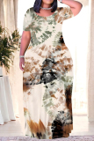 White Casual Flowers Splashed ink Chain Print O Neck Short Sleeves Loose Floor Length Straight Maxi Dresses