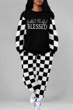 Black White Sportwear Casual Plaid Letter Print O Neck Long Sleeve Sweatshirt and Sweatpants Fall Winter Two Pieces Sweatsuits Sets