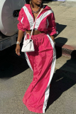 Rose Red Zipper Collar Long Sleeve Crop Jackets and Wide Leg Sweatpants Sportwear Casual Pocket Patchwork Two Pieces Jogger Sets