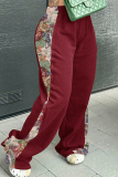 Light Brown Casual Outing Floral Print Side Patchwork Loose Mid Waist Wide Leg Sweatpants