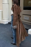 Brown Casual With Belt Turndown Collar Long Sleeve Double Breasted Lapel Faux Leather Coat