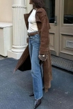 Brown Casual With Belt Turndown Collar Long Sleeve Double Breasted Lapel Faux Leather Coat