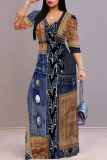 Blue Gray Faux Denim Print V Neck 3/4 Sleeve Lace Up Summer Outings Vacation Straight Loose Maxi Dress