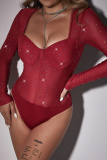 Royal Blue See-Through Hot Drill Square Neck Long Sleeve Glitter Skinny Bodysuits
