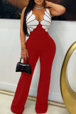 Brown Formal Office Casual Patchwork Backless Zipper Asymmetrical Collar Straight Leg Jumpsuits
