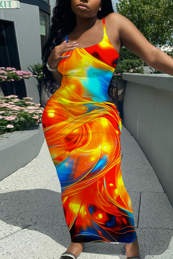 Fluorescent Green Casual Graphics Print Sleeveless Backless Spaghetti Strap U Neck Vacation Bodycon Maxi Slip Dress