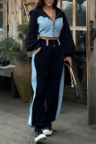Black Sportwear Casual Denim Patchwork Zipper Hooded Long Sleeve Crop Jackets And Sweatpants Two Pieces Jogger Sets