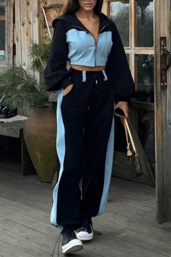 Black Sportwear Casual Denim Patchwork Zipper Hooded Long Sleeve Crop Jackets And Sweatpants Two Pieces Jogger Sets