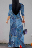 Blue Gray Faux Denim Print V Neck 3/4 Sleeve Lace Up Summer Outings Vacation Straight Loose Maxi Dress