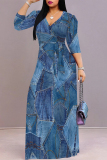 Blue Gray Faux Denim Print V Neck 3/4 Sleeve Lace Up Summer Outings Vacation Straight Loose Maxi Dress