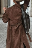 Brown Casual With Belt Turndown Collar Long Sleeve Double Breasted Lapel Faux Leather Coat