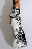 Black White Floral Print Long Sleeve Off Shoulder One Step Skirt Formal Evening Party Wedding Bodycon Maxi Dress