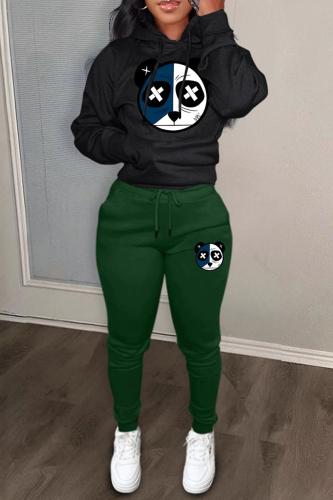 Black Green Sportwear Casual Graphics Print Hooded Long Sleeve Sweatshirt and Sweatpants Fall Winter Two Pieces Sweatsuits Sets