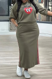 Grey Casual Sportwear Graphics Print O Neck Long Sleeve Sweatshirt And Maxi Skirt Two Pieces Dress Sets