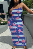 Fluorescent Green Casual Graphics Print Sleeveless Backless Spaghetti Strap U Neck Vacation Bodycon Maxi Slip Dress