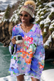 Lake Blue Casual Floral Print V Neck Long Sleeve Fall Winter Knitted Sweater