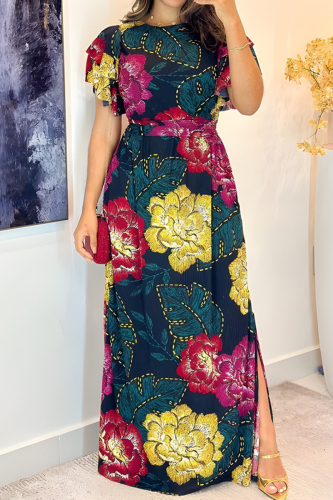 Floral Print Patchwork Side Slit O Neck Ruffle Sleeve Long Loose Vacation Casual Outing Maxi Dresses