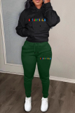 Khaki Sportwear Casual Letter Print Hooded Long Sleeve Sweatshirt and Sweatpants Fall Winter Two Pieces Sweatsuits Sets