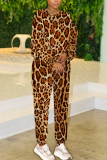 Sportwear Casual Leopard Print O Neck Long Sleeve Sweatshirt And Skinny Pants Two Pieces Jogger Sets
