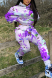 Green Sportwear Casual Floral Print Hooded Long Sleeve Sweatshirt And Pants Two Pieces Jogger Sets
