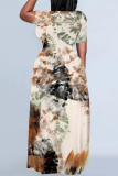 White Casual Flowers Splashed ink Chain Print O Neck Short Sleeves Loose Floor Length Straight Maxi Dresses