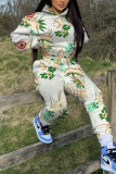 Green Sportwear Casual Floral Print Hooded Long Sleeve Sweatshirt And Pants Two Pieces Jogger Sets