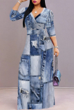 Blue Gray Faux Denim Print V Neck 3/4 Sleeve Lace Up Summer Outings Vacation Straight Loose Maxi Dress