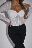 Royal Blue See-Through Hot Drill Square Neck Long Sleeve Glitter Skinny Bodysuits