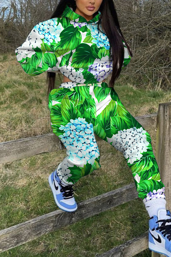 Green Sportwear Casual Floral Print Hooded Long Sleeve Sweatshirt And Pants Two Pieces Jogger Sets