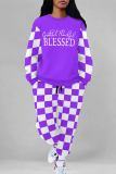 Black White Sportwear Casual Plaid Letter Print O Neck Long Sleeve Sweatshirt and Sweatpants Fall Winter Two Pieces Sweatsuits Sets