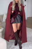Purple Casual Pocket Lace Up Buttons Turndown Collar Long Sleeve Longline Woolen Coat