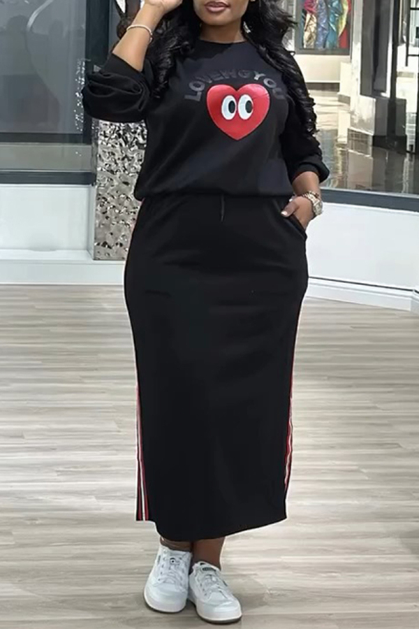 Grey Casual Sportwear Graphics Print O Neck Long Sleeve Sweatshirt And Maxi Skirt Two Pieces Dress Sets