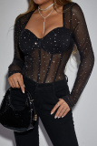 Royal Blue See-Through Hot Drill Square Neck Long Sleeve Glitter Skinny Bodysuits