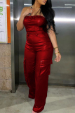Pink Celebrities Solid Patchwork Pocket Strapless Skinny Jumpsuits