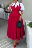 Red Shirt Collar Puff Sleeve Boot Cut A Line Business Casual Pleated Hem Midi Dress