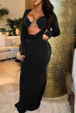 Black Formal Evening Party Prom Patchwork Asymmetrical Collar Long Sleeve Long Bodycon Maxi Dresses