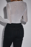 Royal Blue See-Through Hot Drill Square Neck Long Sleeve Glitter Skinny Bodysuits