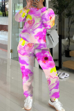 Reddish Brown Sportwear Casual Graphics Print O Neck Long Sleeve Sweatshirt And Pants Two Pieces Jogger Sets