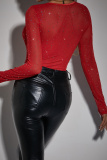 Royal Blue See-Through Hot Drill Square Neck Long Sleeve Glitter Skinny Bodysuits